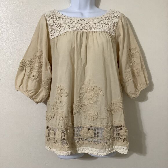 Cream Bohemian Lagenlook Cottagecore Coastal Cowgirl Crochet Festival Blouse L - Picture 1 of 8